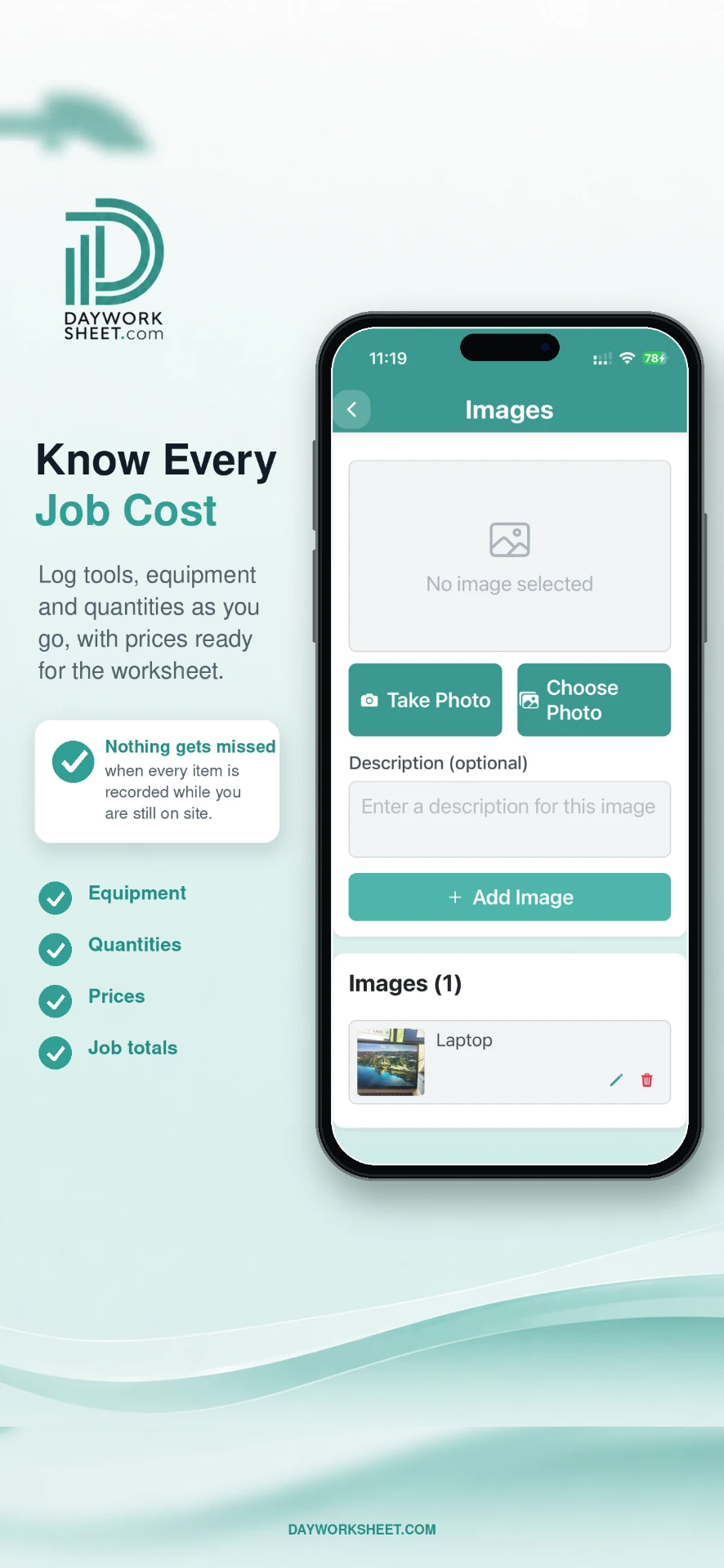 Day Worksheet screen for recording job costs, materials and quantities