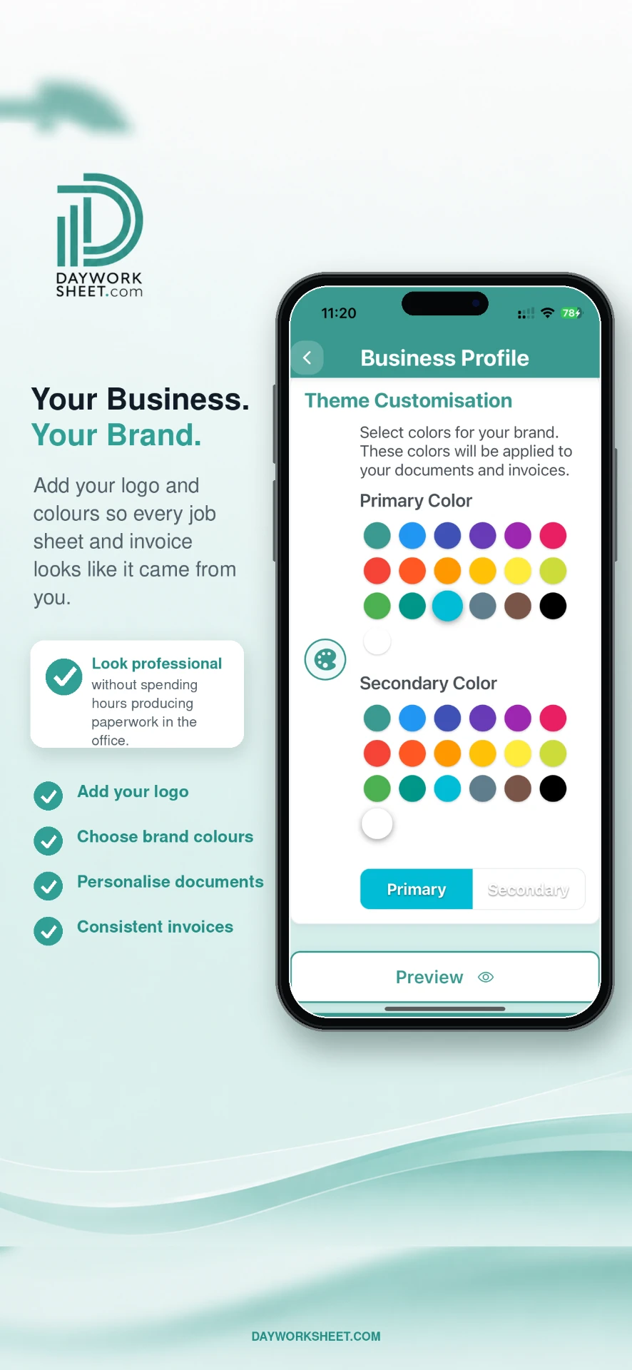Day Worksheet business branding settings showing logo and brand colours