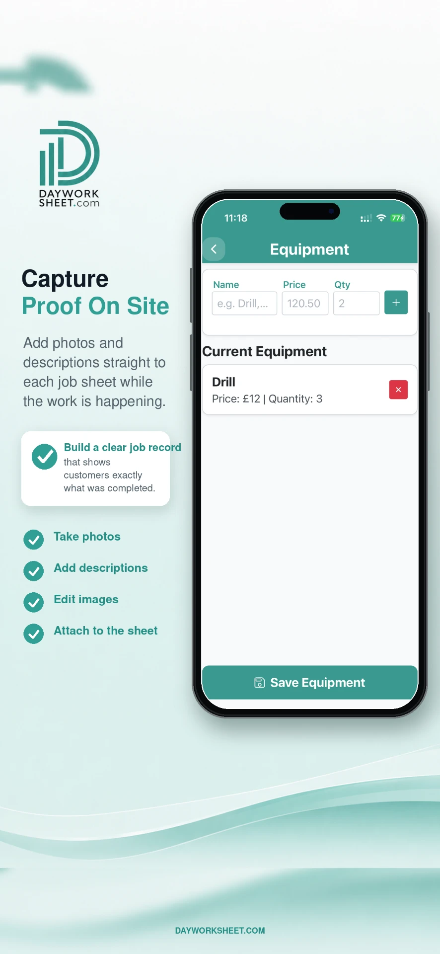 Day Worksheet equipment and site photo entry screen