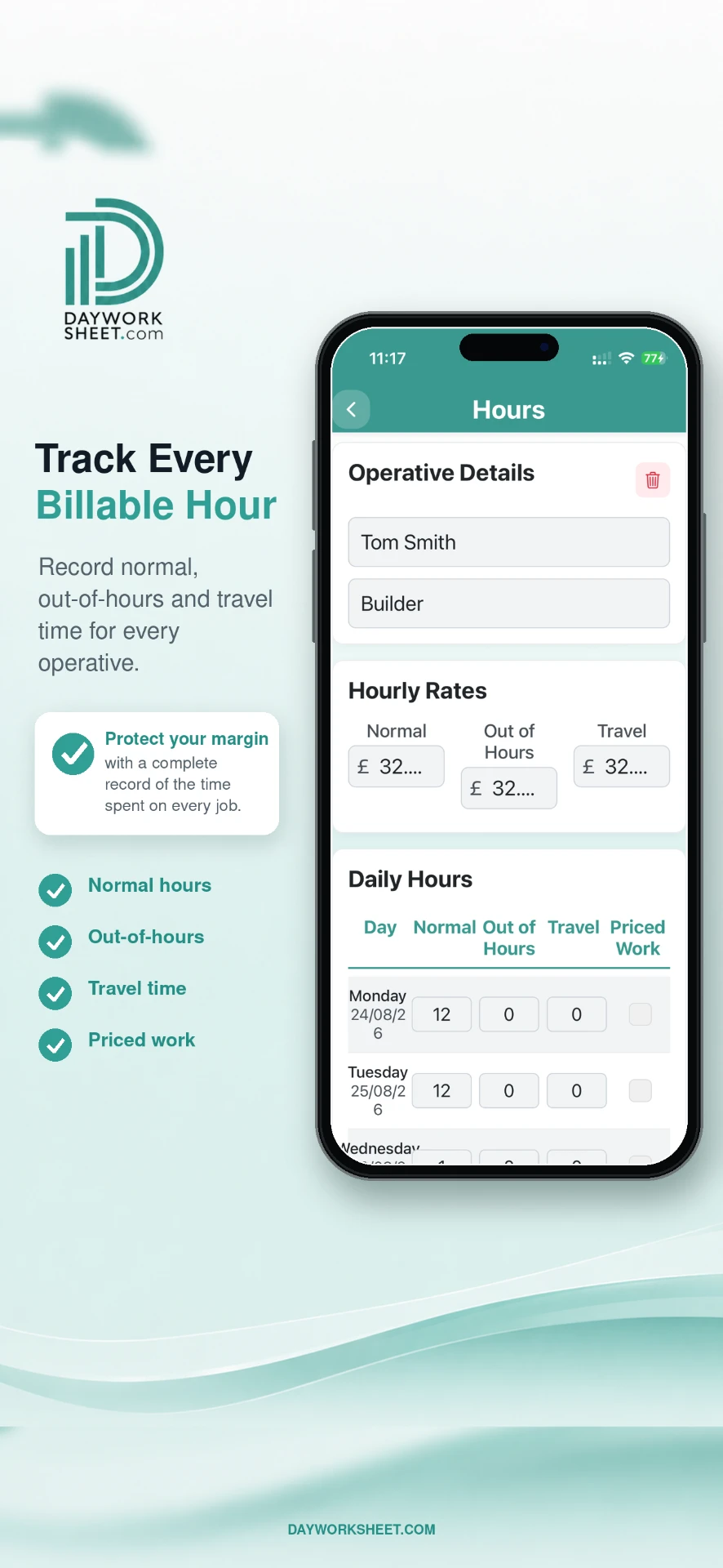 Day Worksheet hours screen showing operative details, hourly rates and daily hours