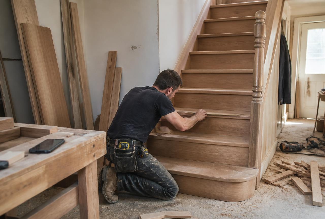 Carpenter fitting a hardwood staircase in a house renovation with a phone on the workbench