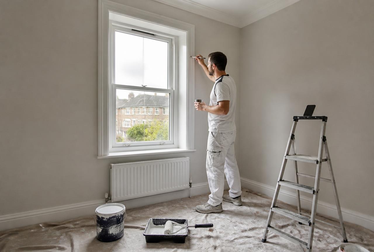 Decorator cutting in around a window frame in an empty room with dust sheets and a stepladder