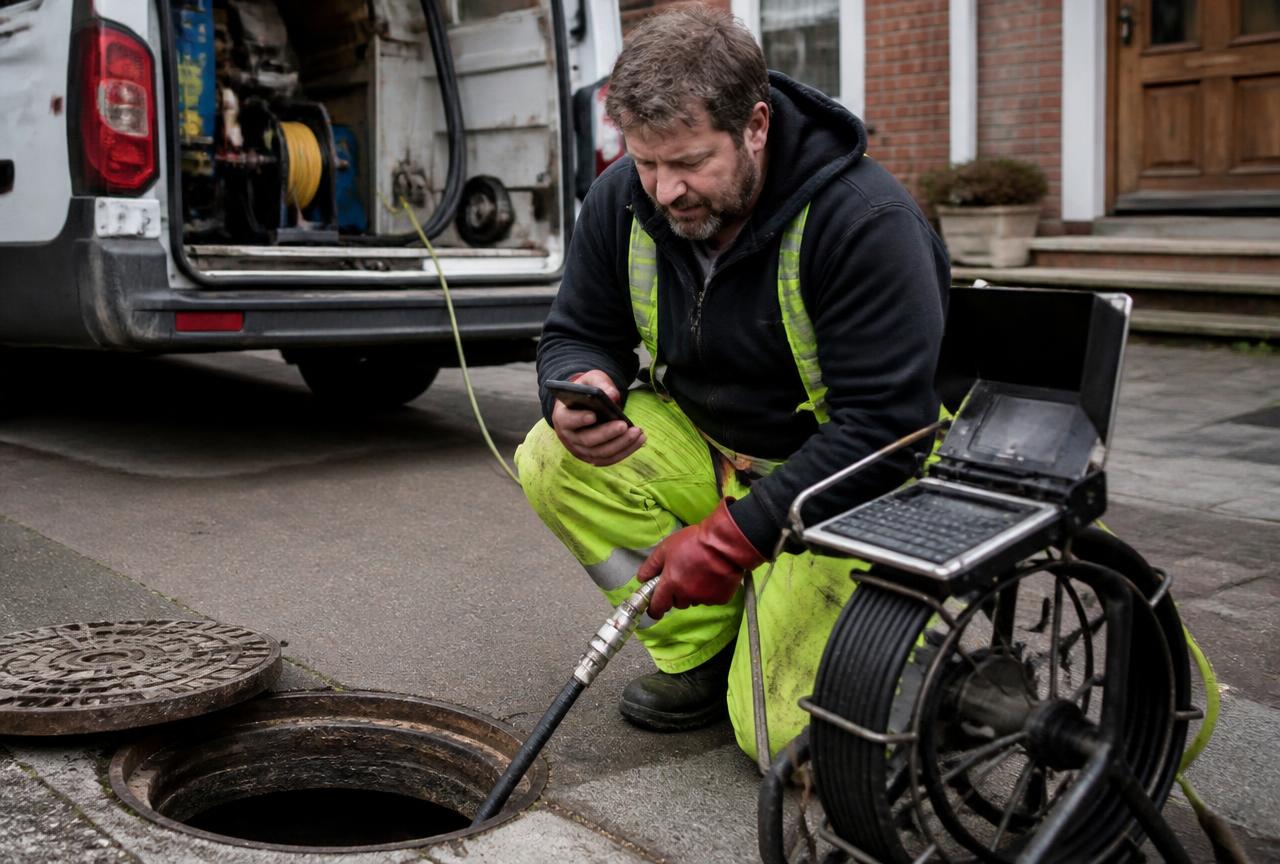 Drainage engineer with a jetting hose and CCTV reel at an open manhole on a driveway