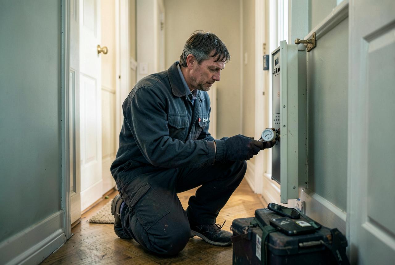 Electrician testing at an open consumer unit in a hallway with a phone beside the toolbox