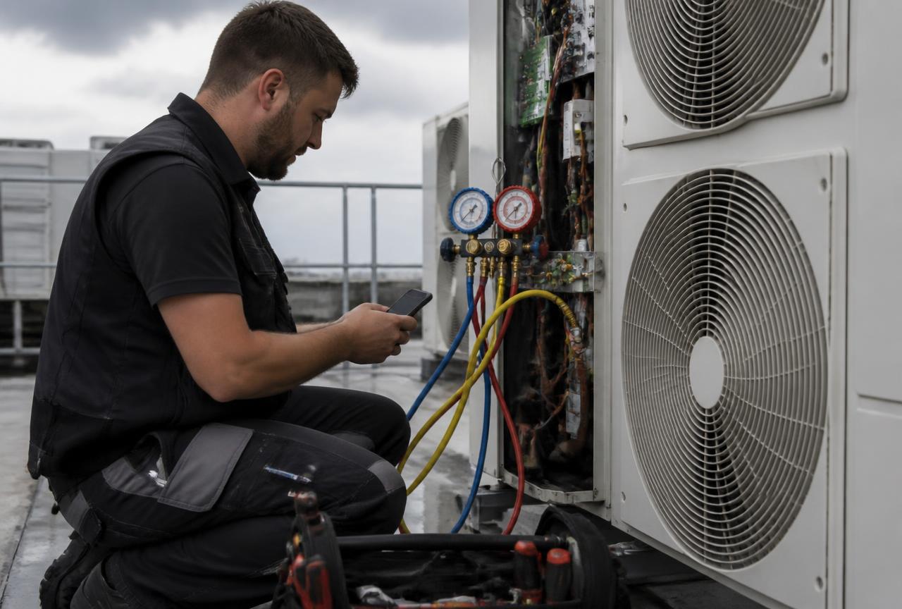 Refrigeration engineer with gauges on a rooftop condenser unit, noting readings on a phone