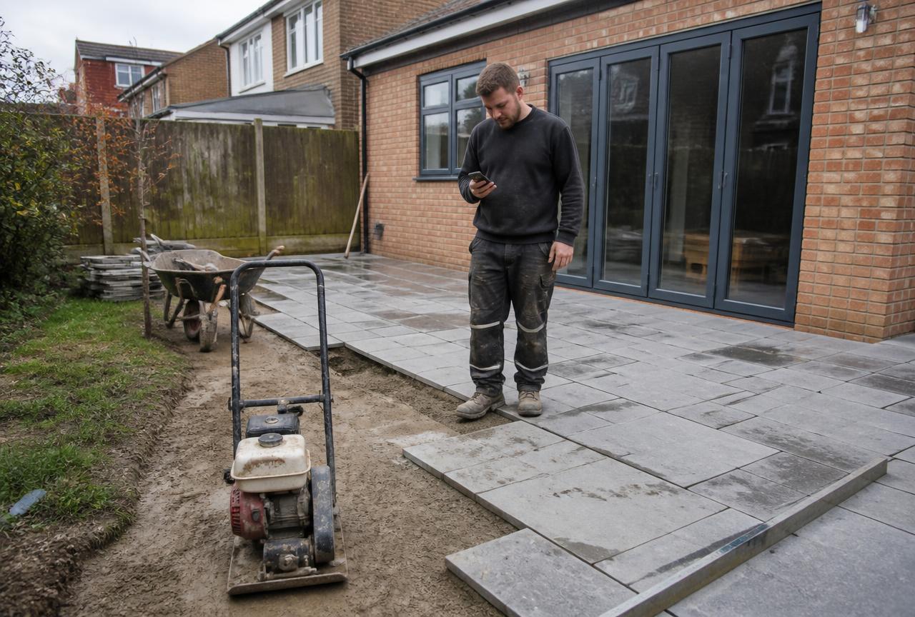 Landscaper laying a patio in a back garden, checking a phone beside a wheelbarrow and compactor