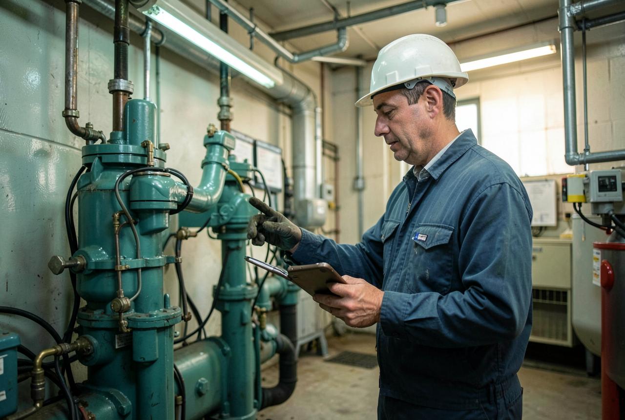 Maintenance engineer checking pumps in a plant room while reading from a handheld device