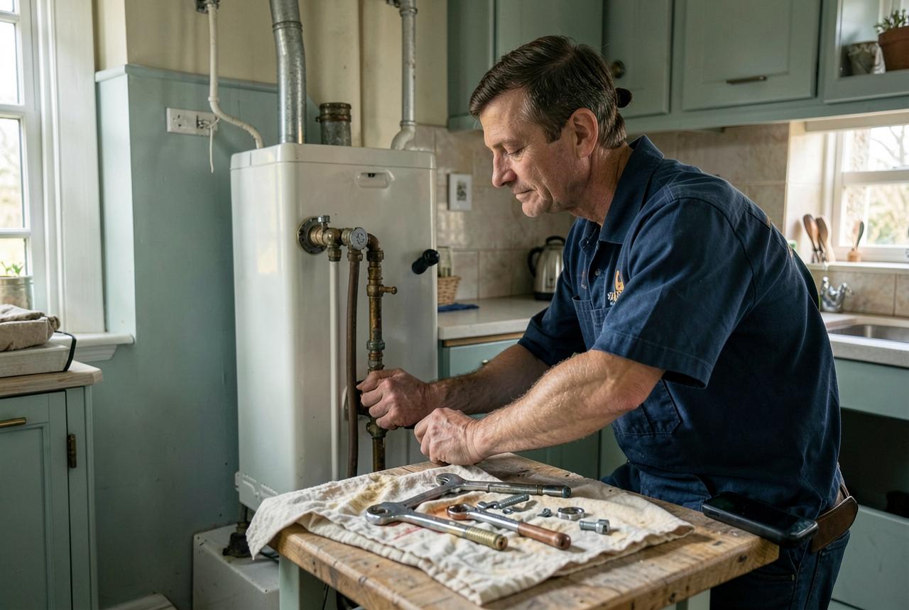 Plumber servicing a boiler in a kitchen with tools laid out and a phone on the worktop