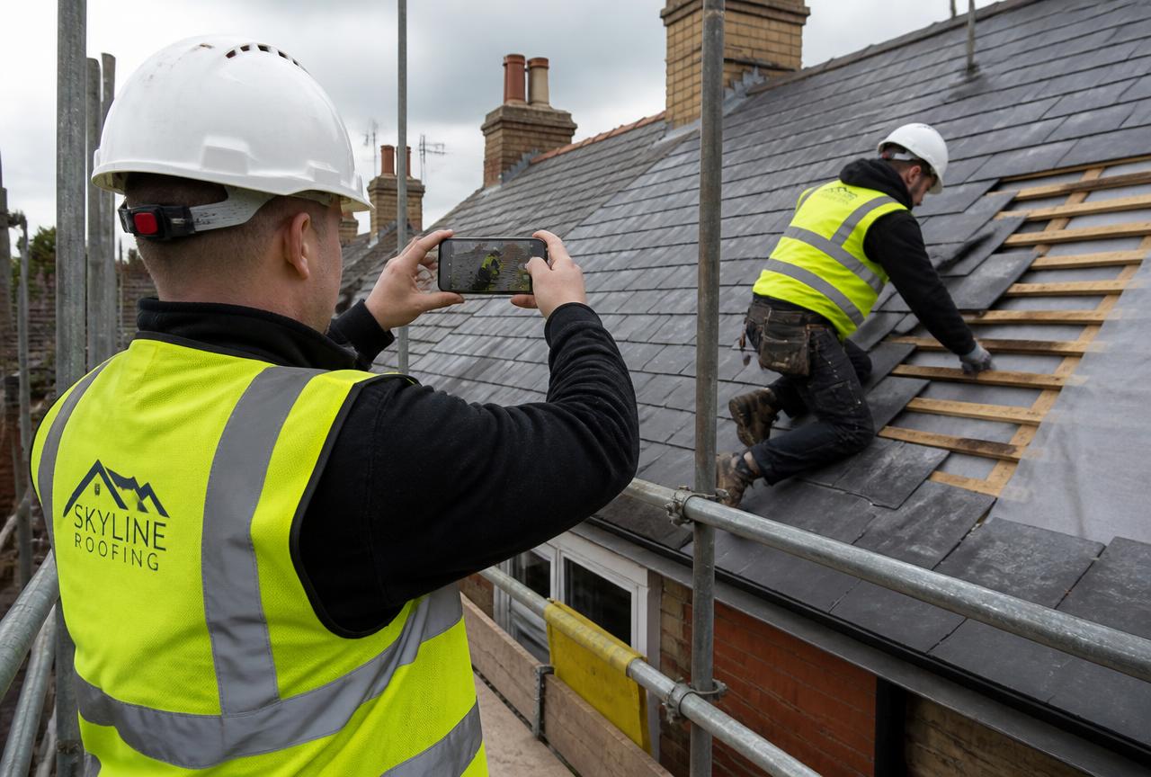 Roofers on scaffolding stripping and refitting tiles, one photographing the work with a phone