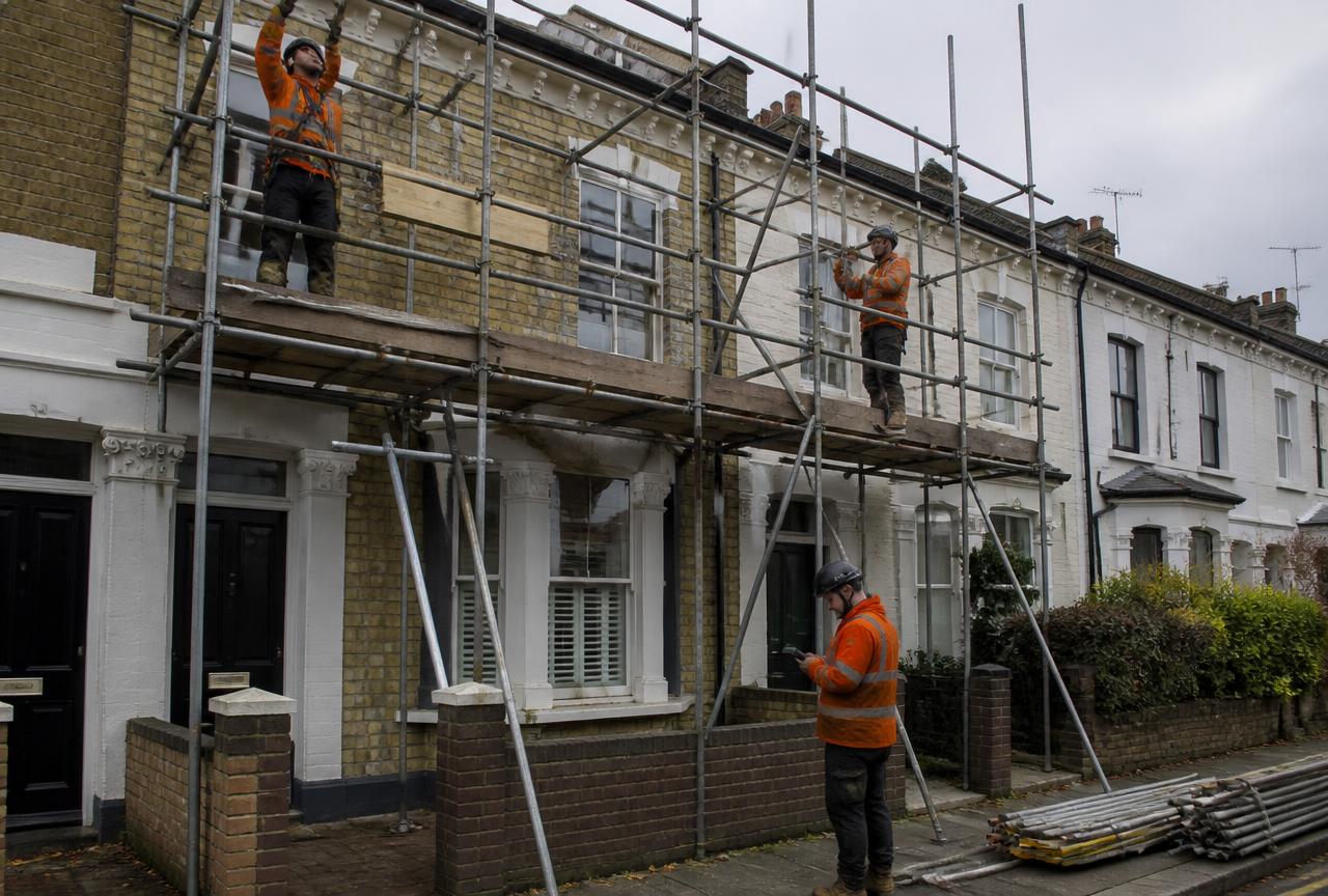 Scaffolders erecting a scaffold on a terraced house while a colleague records details on a phone