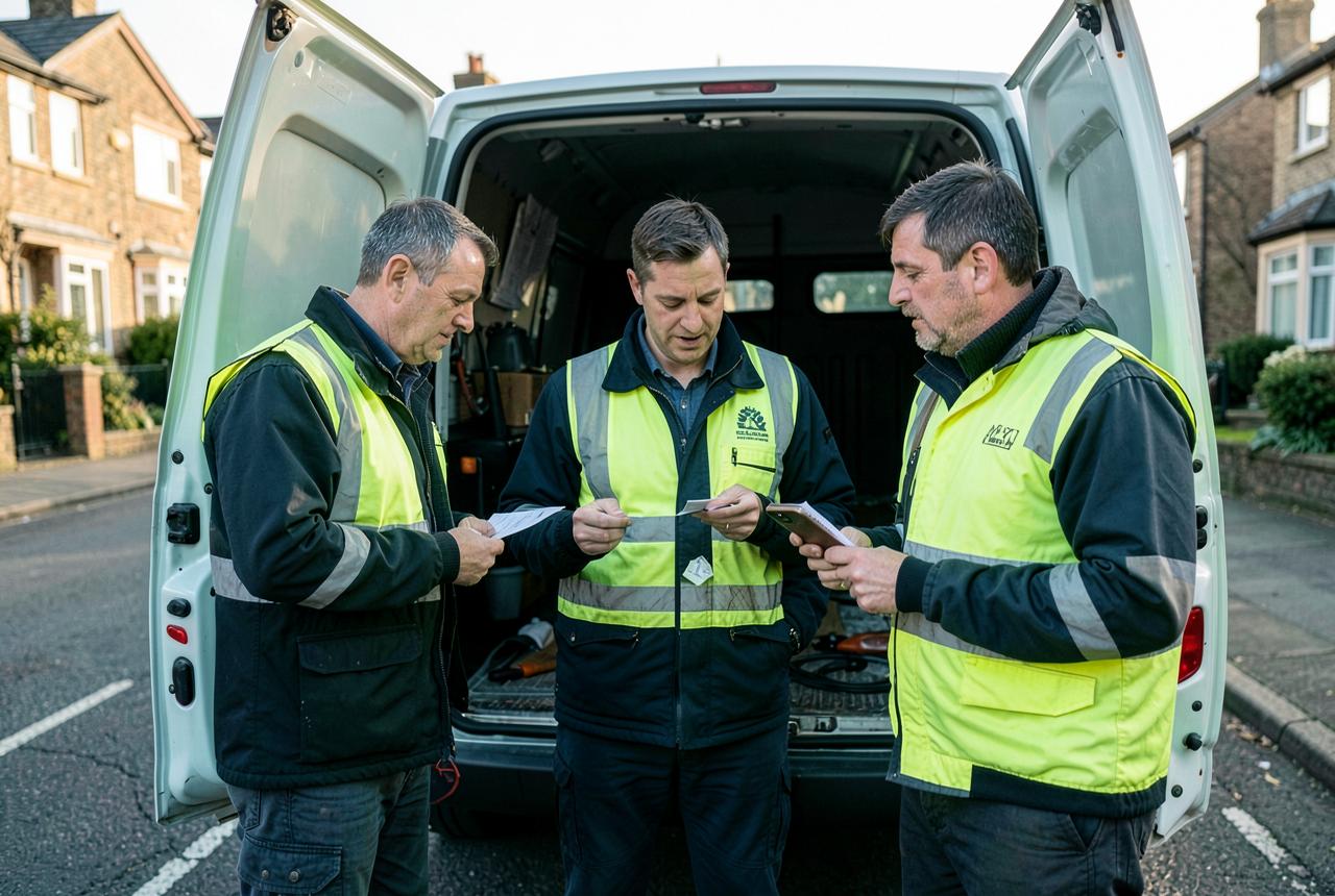Small trade team at the back of a work van going through job notes on paper and a phone